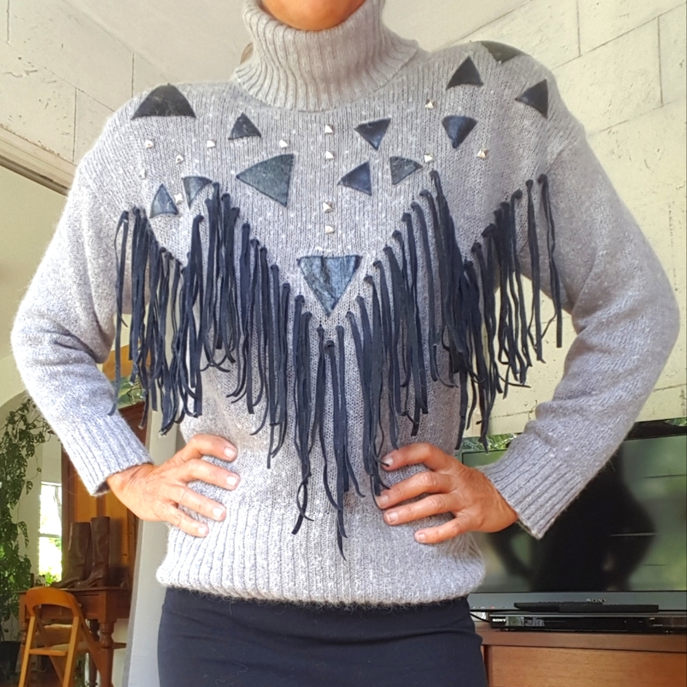 Vintage 80's turtleneck sweater with fringe, studs & shoulder pads! Size small
